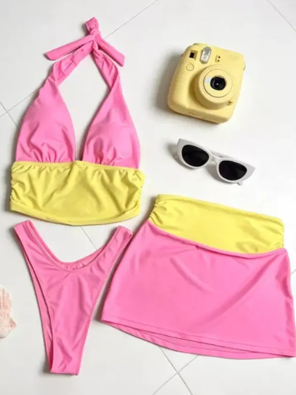 3 Colors Color Block Halter 3 Piece Bikini Set Deep V Crop Top High Cut Bottom Mini Skirt Cover Up