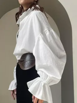 100% Cotton Blouse Women's Chic Boho Top - White Ruffle Neck Lantern Sleeve V Neck - Beach Vacation 2026