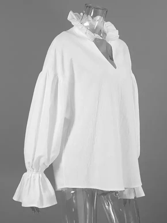 100% Cotton Blouse Women's Chic Boho Top - White Ruffle Neck Lantern Sleeve V Neck - Beach Vacation 2026