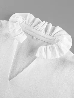 100% Cotton Blouse Women's Chic Boho Top - White Ruffle Neck Lantern Sleeve V Neck - Beach Vacation 2026