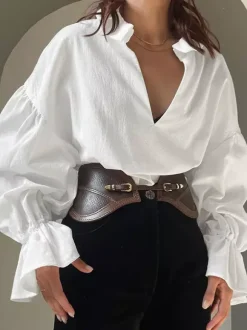100% Cotton Blouse Women's Chic Boho Top - White Ruffle Neck Lantern Sleeve V Neck - Beach Vacation 2026