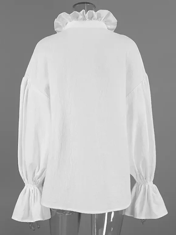 100% Cotton Blouse Women's Chic Boho Top - White Ruffle Neck Lantern Sleeve V Neck - Beach Vacation 2026