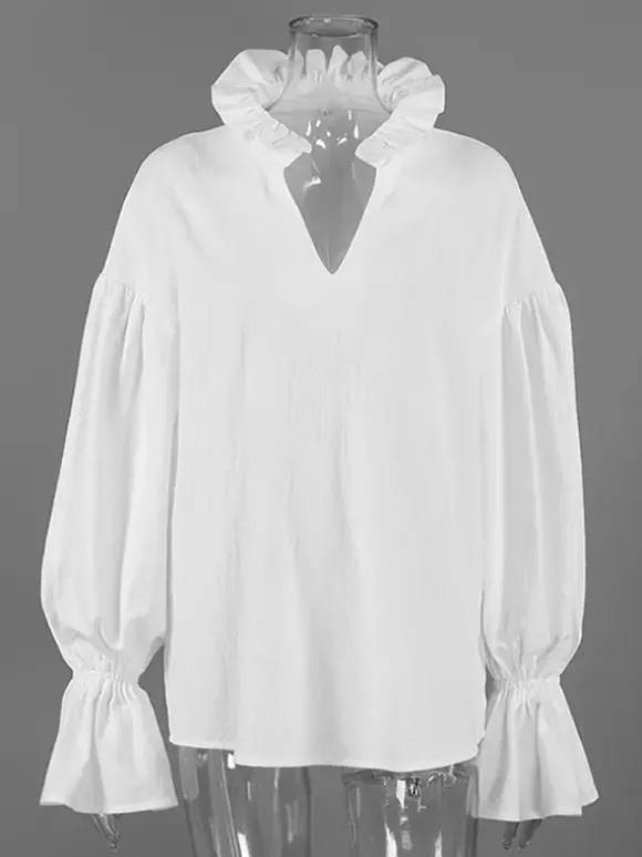 100% Cotton Blouse Women's Chic Boho Top - White Ruffle Neck Lantern Sleeve V Neck - Beach Vacation 2026