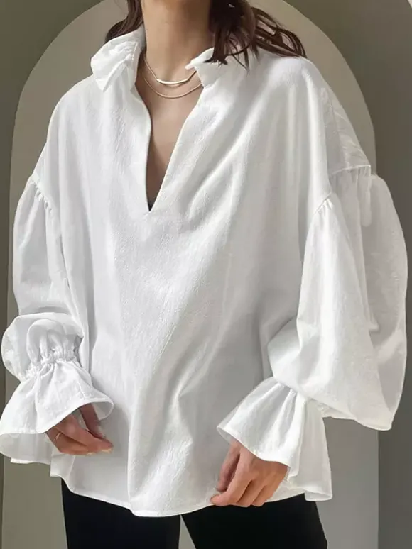 100% Cotton Blouse Women's Chic Boho Top - White Ruffle Neck Lantern Sleeve V Neck - Beach Vacation 2026