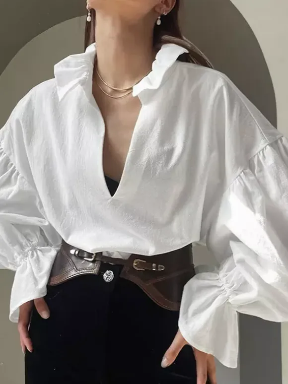 100% Cotton Blouse Women's Chic Boho Top - White Ruffle Neck Lantern Sleeve V Neck - Beach Vacation 2026