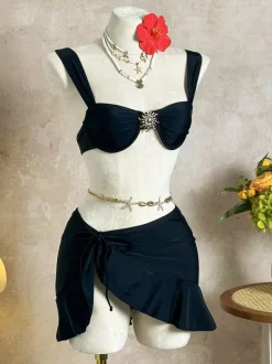 3 Piece Bikini Set With Sun Ornament & Ruffle Wrap Sarong Skirt Cover Up