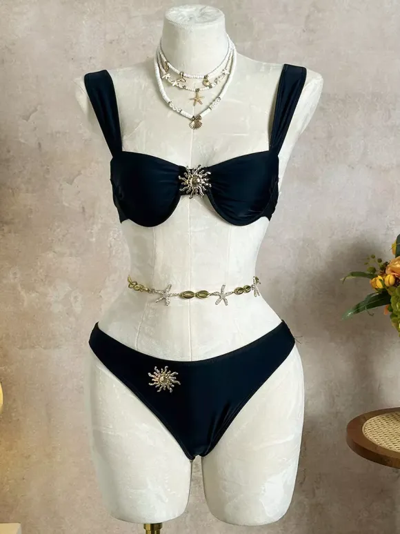 3 Piece Bikini Set With Sun Ornament & Ruffle Wrap Sarong Skirt Cover Up