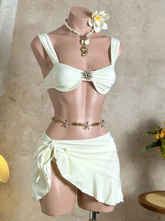 3 Piece Bikini Set With Sun Ornament & Ruffle Wrap Sarong Skirt Cover Up