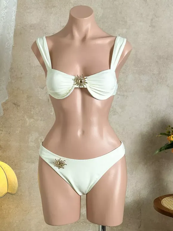 3 Piece Bikini Set With Sun Ornament & Ruffle Wrap Sarong Skirt Cover Up