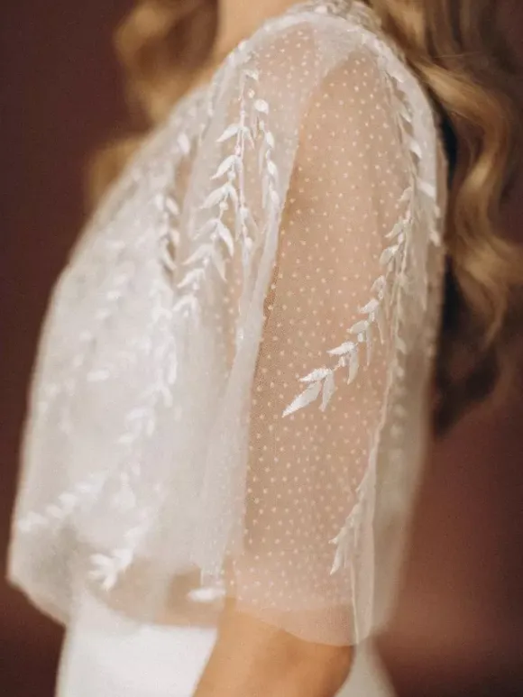 3 Piece Wedding Dress Lace Satin Fabric Illusion Neckline Zipper Half Sleeves