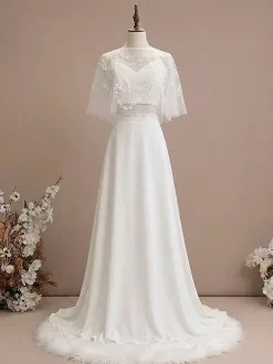 3 Piece Wedding Dress Lace Satin Fabric Illusion Neckline Zipper Half Sleeves