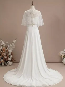 3 Piece Wedding Dress Lace Satin Fabric Illusion Neckline Zipper Half Sleeves