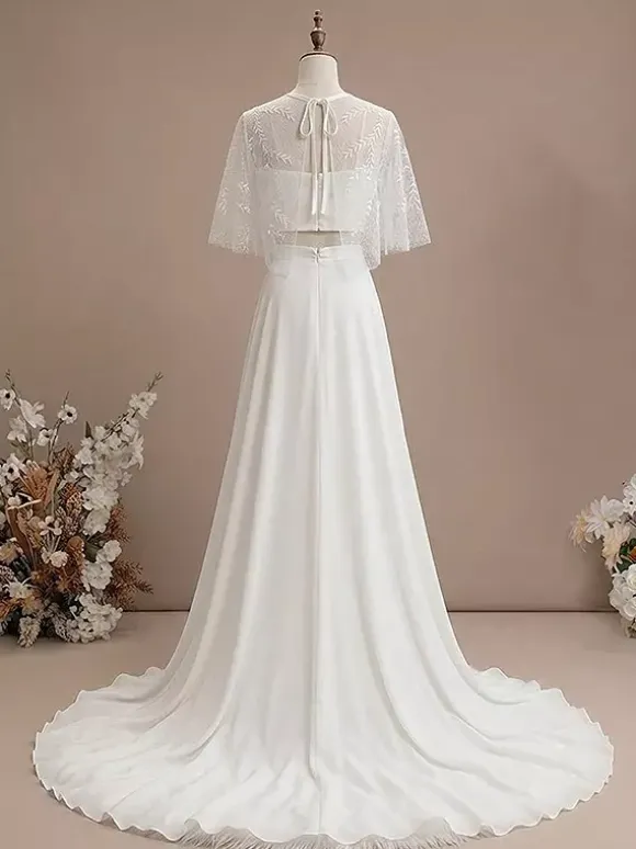 3 Piece Wedding Dress Lace Satin Fabric Illusion Neckline Zipper Half Sleeves