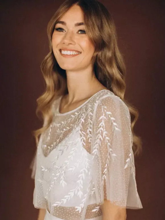 3 Piece Wedding Dress Lace Satin Fabric Illusion Neckline Zipper Half Sleeves