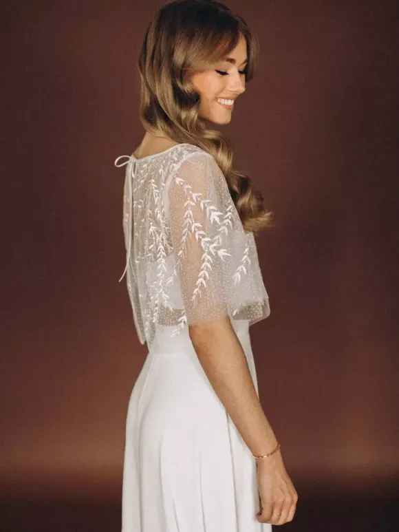 3 Piece Wedding Dress Lace Satin Fabric Illusion Neckline Zipper Half Sleeves