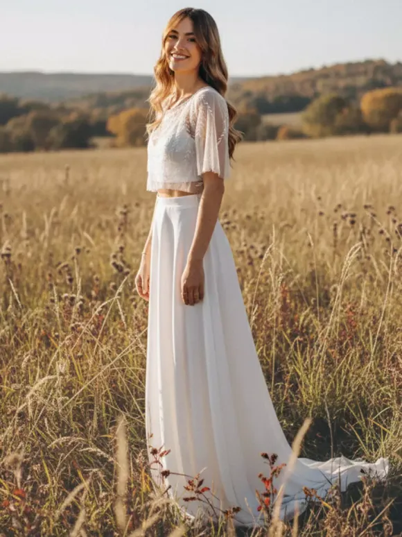 3 Piece Wedding Dress Lace Satin Fabric Illusion Neckline Zipper Half Sleeves