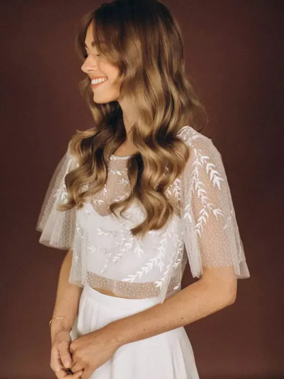 3 Piece Wedding Dress Lace Satin Fabric Illusion Neckline Zipper Half Sleeves