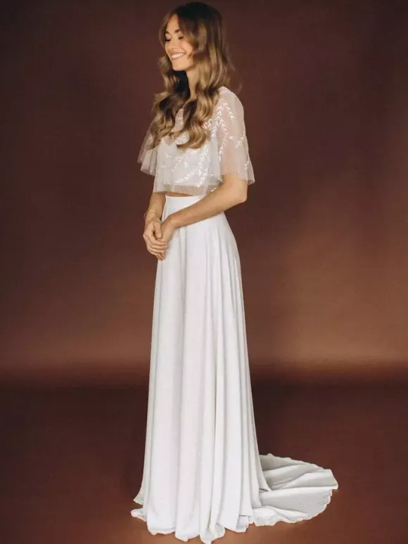 3 Piece Wedding Dress Lace Satin Fabric Illusion Neckline Zipper Half Sleeves
