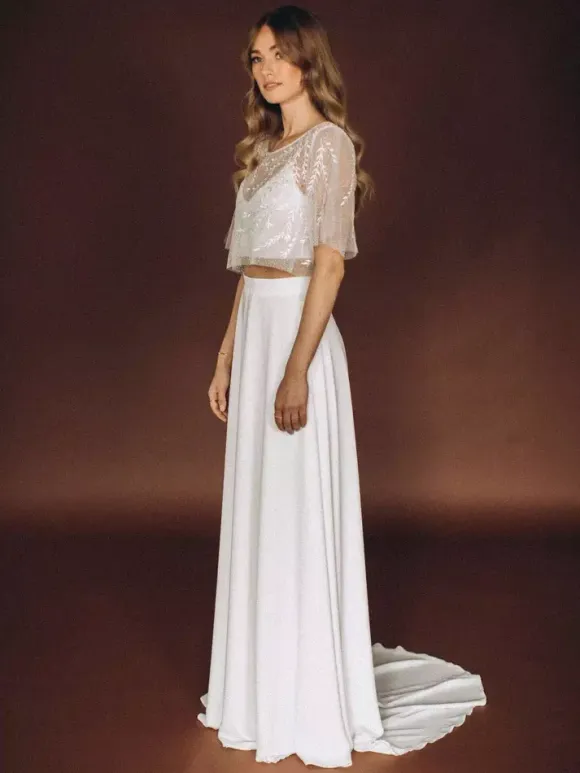 3 Piece Wedding Dress Lace Satin Fabric Illusion Neckline Zipper Half Sleeves