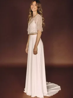 3 Piece Wedding Dress Lace Satin Fabric Illusion Neckline Zipper Half Sleeves