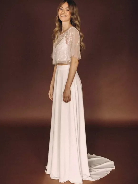 3 Piece Wedding Dress Lace Satin Fabric Illusion Neckline Zipper Half Sleeves