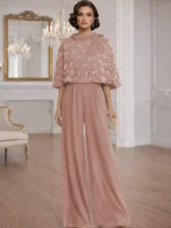 2 Pieces Jumpsuits For Mother Of The Bride Jewel Neck Half Sleeves Jumpsuit Bows Wedding Guest Dresses