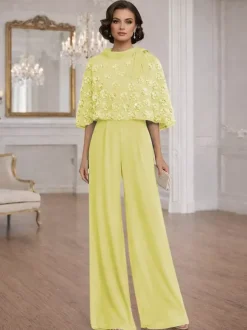 2 Pieces Jumpsuits For Mother Of The Bride Jewel Neck Half Sleeves Jumpsuit Bows Wedding Guest Dresses