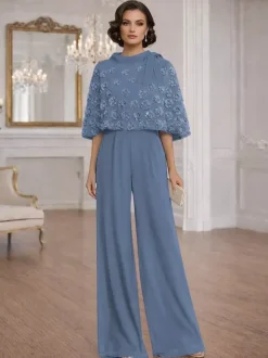 2 Pieces Jumpsuits For Mother Of The Bride Jewel Neck Half Sleeves Jumpsuit Bows Wedding Guest Dresses