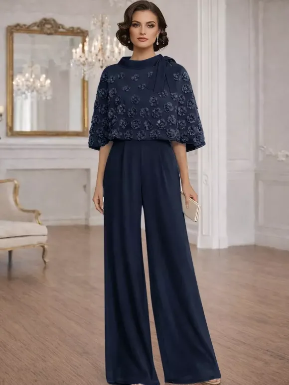 2 Pieces Jumpsuits For Mother Of The Bride Jewel Neck Half Sleeves Jumpsuit Bows Wedding Guest Dresses