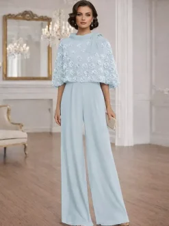 2 Pieces Jumpsuits For Mother Of The Bride Jewel Neck Half Sleeves Jumpsuit Bows Wedding Guest Dresses