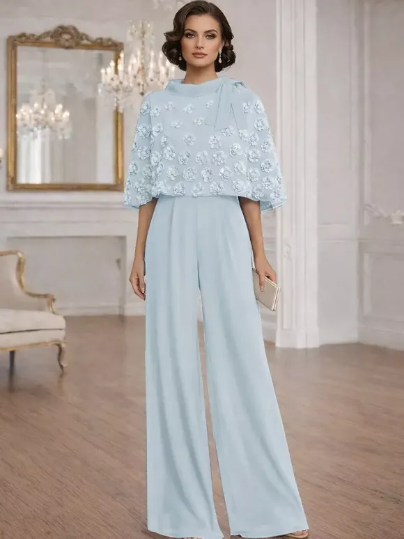 2 Pieces Jumpsuits For Mother Of The Bride Jewel Neck Half Sleeves Jumpsuit Bows Wedding Guest Dresses