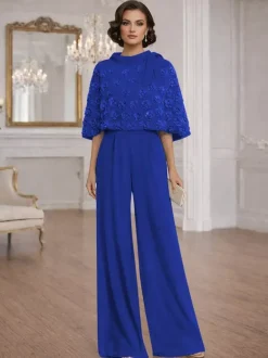 2 Pieces Jumpsuits For Mother Of The Bride Jewel Neck Half Sleeves Jumpsuit Bows Wedding Guest Dresses