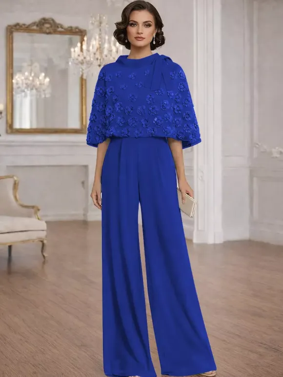 2 Pieces Jumpsuits For Mother Of The Bride Jewel Neck Half Sleeves Jumpsuit Bows Wedding Guest Dresses