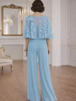 2 Pieces Jumpsuits For Mother Of The Bride Jewel Neck Half Sleeves Jumpsuit Bows Wedding Guest Dresses