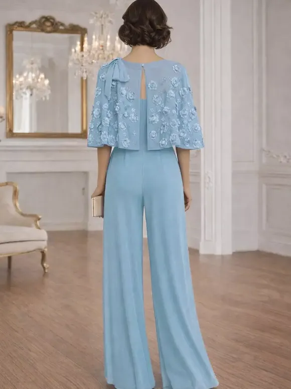 2 Pieces Jumpsuits For Mother Of The Bride Jewel Neck Half Sleeves Jumpsuit Bows Wedding Guest Dresses