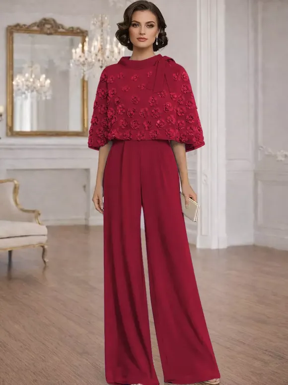 2 Pieces Jumpsuits For Mother Of The Bride Jewel Neck Half Sleeves Jumpsuit Bows Wedding Guest Dresses