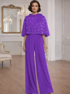 2 Pieces Jumpsuits For Mother Of The Bride Jewel Neck Half Sleeves Jumpsuit Bows Wedding Guest Dresses