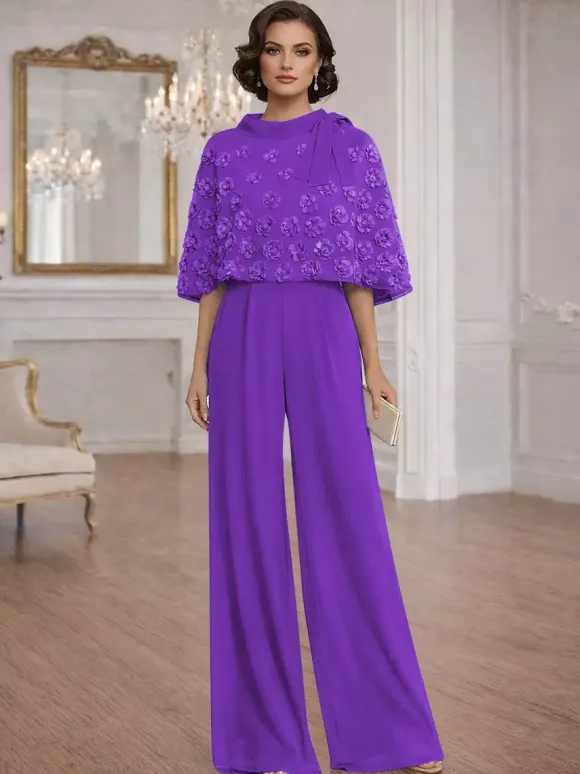 2 Pieces Jumpsuits For Mother Of The Bride Jewel Neck Half Sleeves Jumpsuit Bows Wedding Guest Dresses