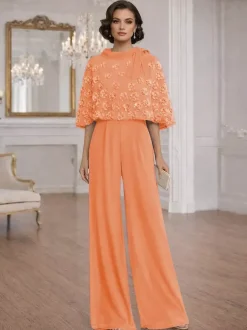 2 Pieces Jumpsuits For Mother Of The Bride Jewel Neck Half Sleeves Jumpsuit Bows Wedding Guest Dresses