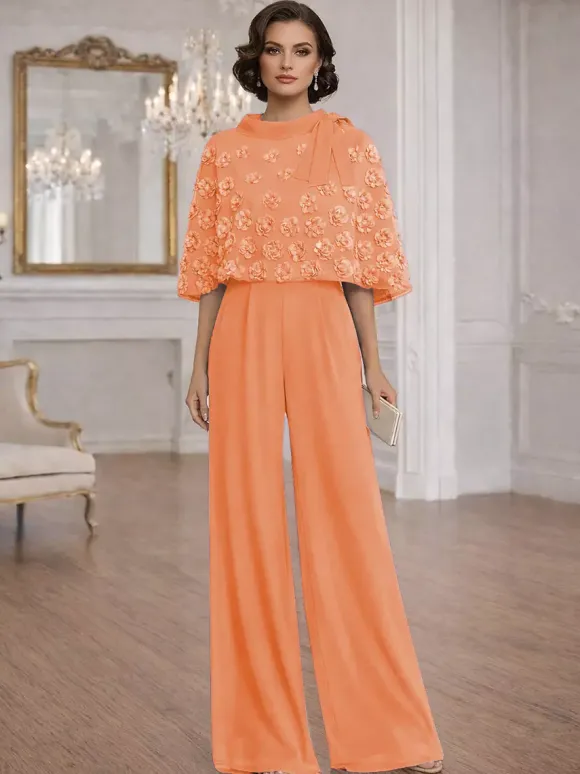 2 Pieces Jumpsuits For Mother Of The Bride Jewel Neck Half Sleeves Jumpsuit Bows Wedding Guest Dresses