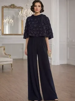 2 Pieces Jumpsuits For Mother Of The Bride Jewel Neck Half Sleeves Jumpsuit Bows Wedding Guest Dresses