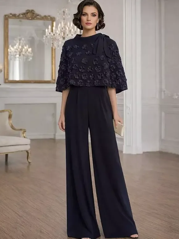 2 Pieces Jumpsuits For Mother Of The Bride Jewel Neck Half Sleeves Jumpsuit Bows Wedding Guest Dresses