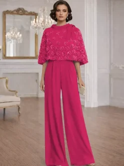 2 Pieces Jumpsuits For Mother Of The Bride Jewel Neck Half Sleeves Jumpsuit Bows Wedding Guest Dresses