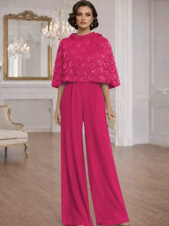 2 Pieces Jumpsuits For Mother Of The Bride Jewel Neck Half Sleeves Jumpsuit Bows Wedding Guest Dresses