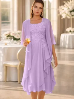 2 Pieces Mother Dress Jewel Neck 3/4 Length Sleeves Two-piece Lace Guest Dresses For Wedding