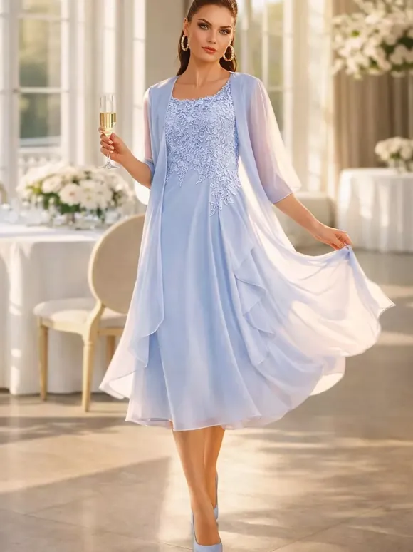 2 Pieces Mother Dress Jewel Neck 3/4 Length Sleeves Two-piece Lace Guest Dresses For Wedding