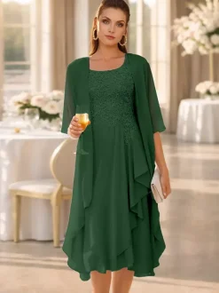 2 Pieces Mother Dress Jewel Neck 3/4 Length Sleeves Two-piece Lace Guest Dresses For Wedding