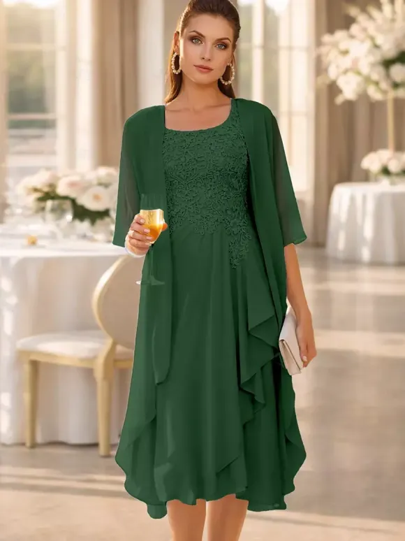 2 Pieces Mother Dress Jewel Neck 3/4 Length Sleeves Two-piece Lace Guest Dresses For Wedding