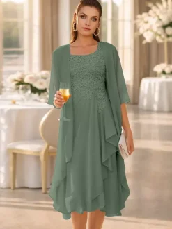 2 Pieces Mother Dress Jewel Neck 3/4 Length Sleeves Two-piece Lace Guest Dresses For Wedding