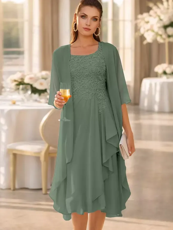 2 Pieces Mother Dress Jewel Neck 3/4 Length Sleeves Two-piece Lace Guest Dresses For Wedding